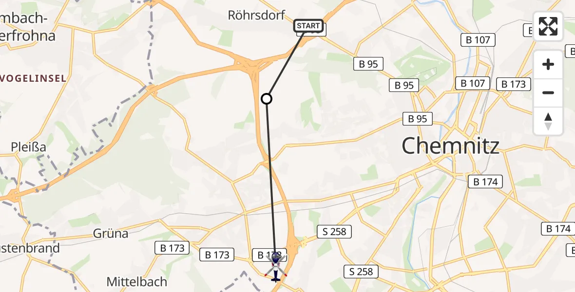 Flugroute Polizeihubschrauber Röhrsdorf - Chemnitz, 20 Februar 2026, 15:57