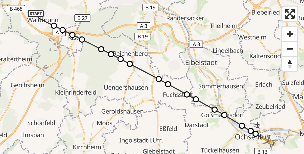 Flugroute Rettungshubschrauber Waldbrunn - Ochsenfurt Hospital Heliport, 20 Februar 2026, 16:00