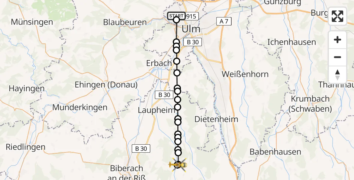 Flugroute Rettungshubschrauber ADAC Air Rescue Station Ulm (Christoph 22) - Reinstetten, 20 Februar 2026, 16:20