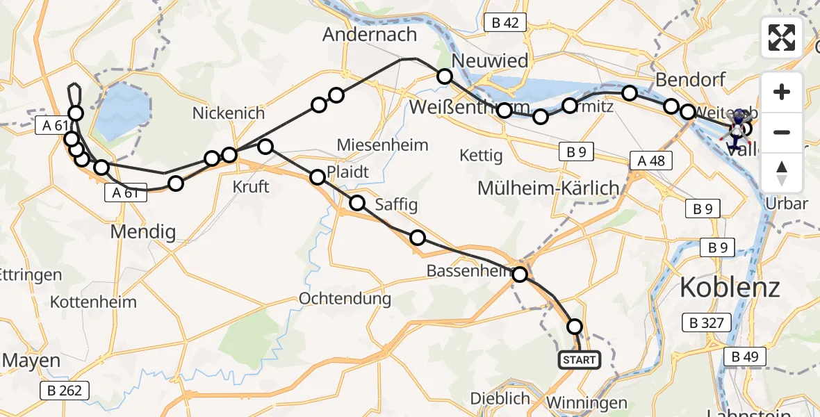 Flugroute Polizeihubschrauber Winningen - Vallendar, 20 Februar 2026, 16:24