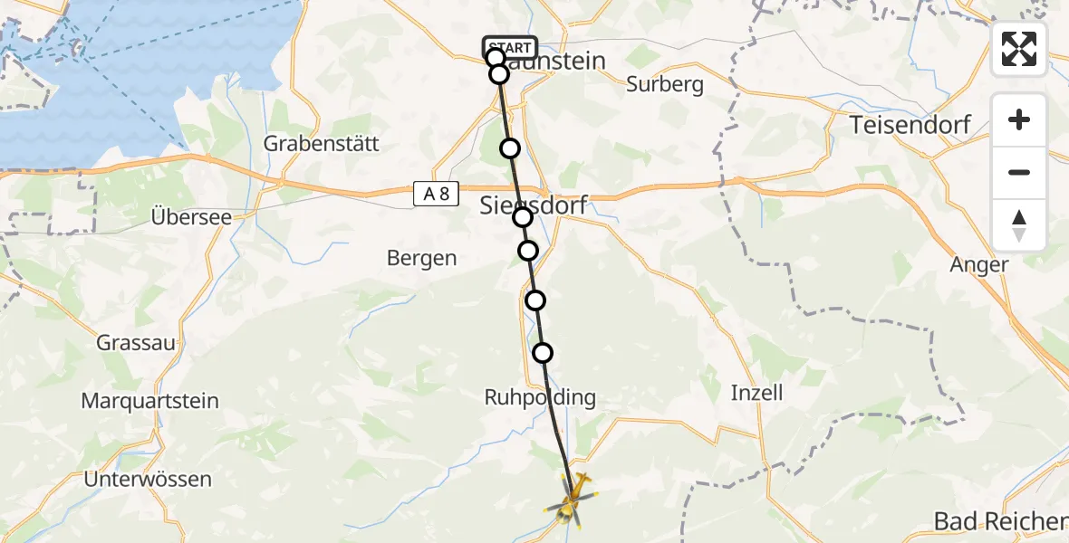 Flugroute Rettungshubschrauber Traunstein Hospital Helipad - Ruhpolding, 20 Februar 2026, 16:27
