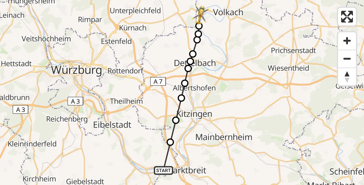 Flugroute Rettungshubschrauber Frickenhausen am Main - Escherndorf, 20 Februar 2026, 16:30