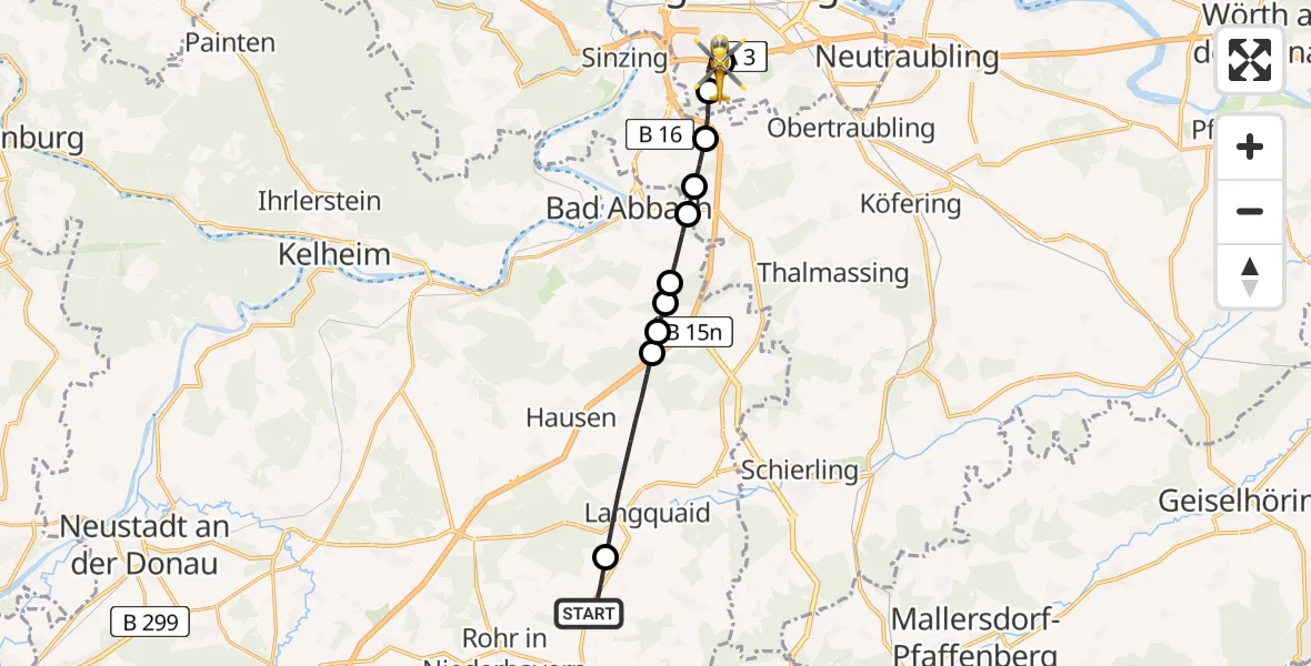 Flugroute Rettungshubschrauber Adlhausen - DRF Air Rescue Station Regensburg / Regensburg University Hospital Heliport, 20 Februar 2026, 16:36
