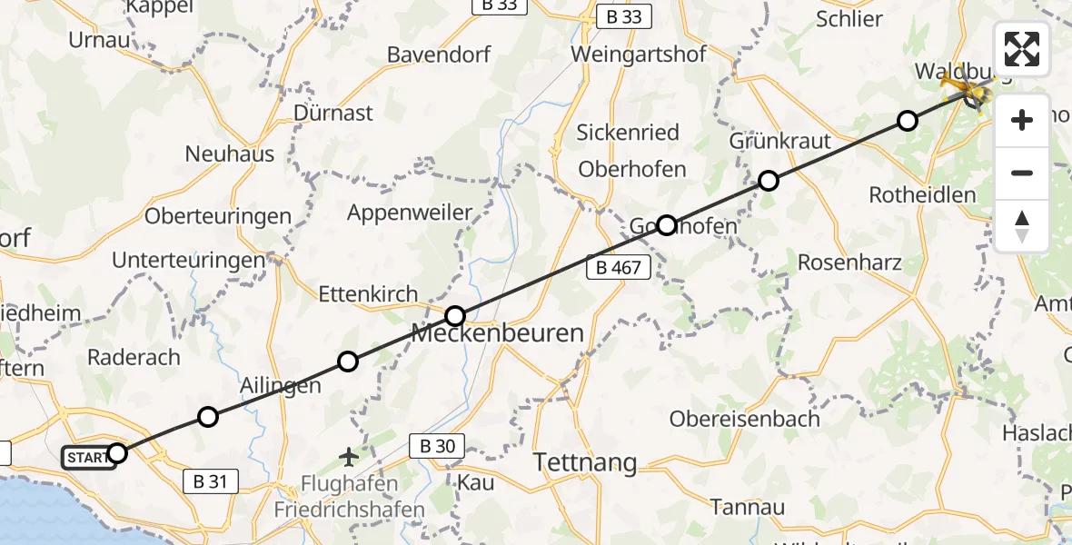 Flugroute Rettungshubschrauber Friedrichshafen Hospital Heliport - Waldburg, 20 Februar 2026, 16:45