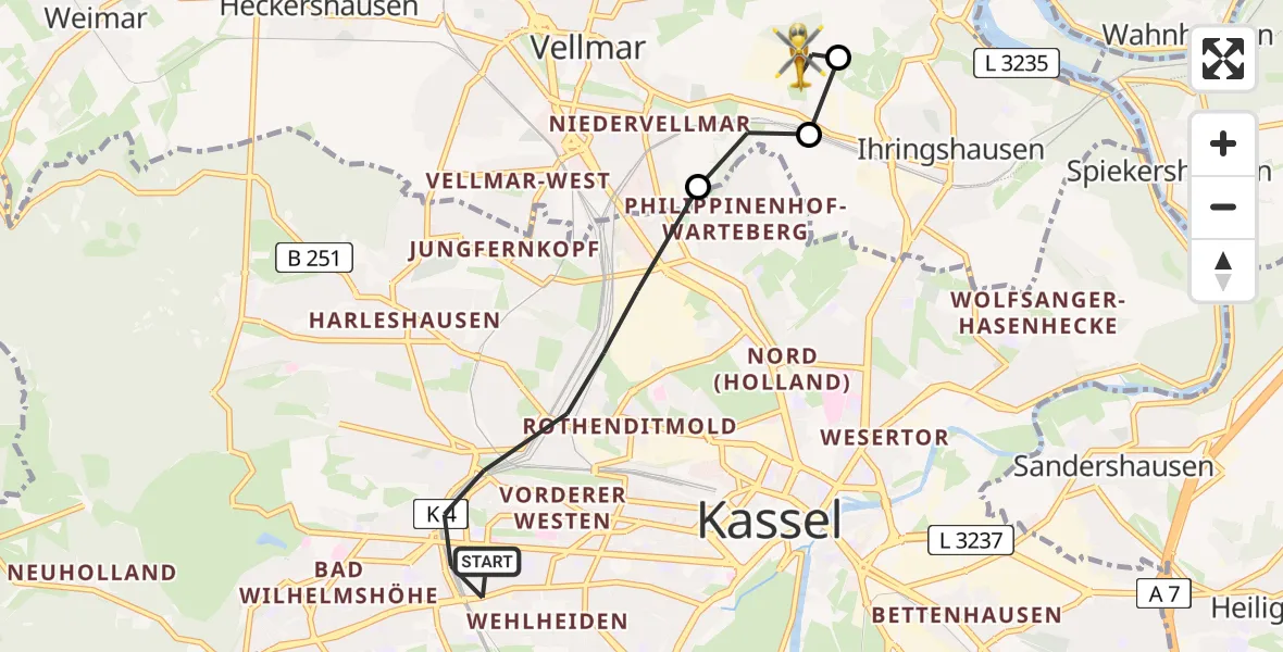Routekaart van de vlucht: Rettungshubschrauber nach Fuldatal Federal Police Heliport