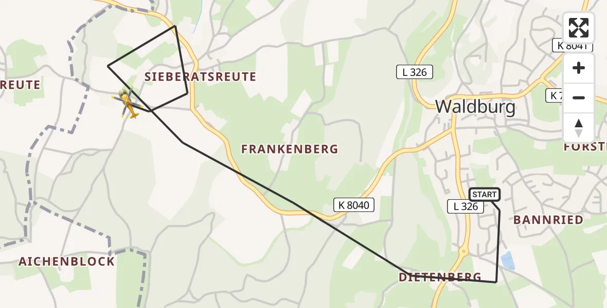 Flugroute Rettungshubschrauber Waldburg - Waldburg, 20 Februar 2026, 16:56