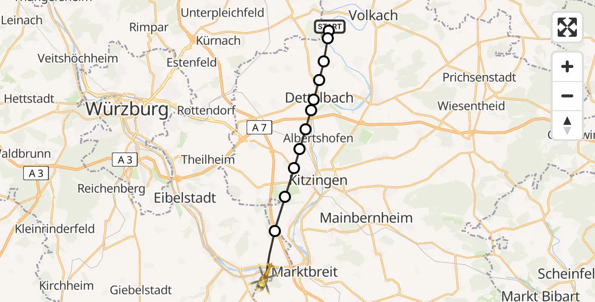 Flugroute Rettungshubschrauber Escherndorf - Ochsenfurt, 20 Februar 2026, 16:59