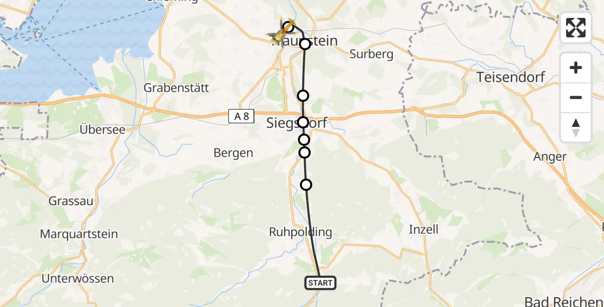 Flugroute Rettungshubschrauber Ruhpolding - Traunstein Hospital Helipad, 20 Februar 2026, 17:02