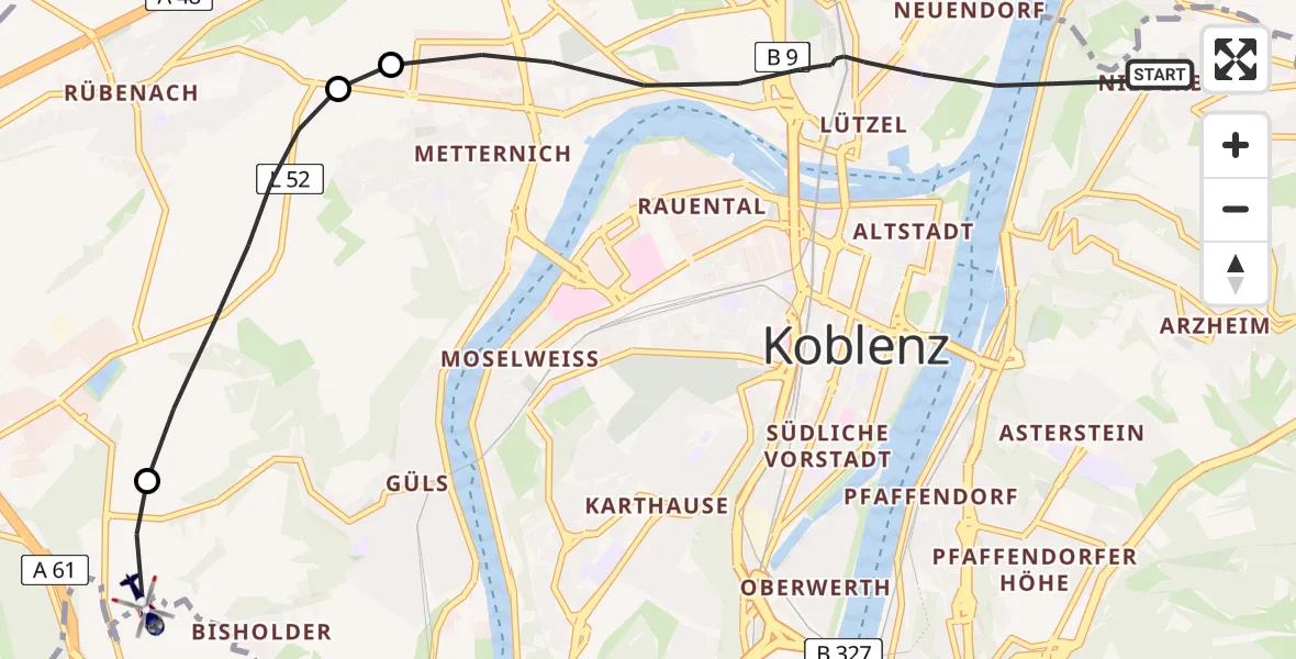 Flugroute Polizeihubschrauber Koblenz - Güls, 20 Februar 2026, 17:08
