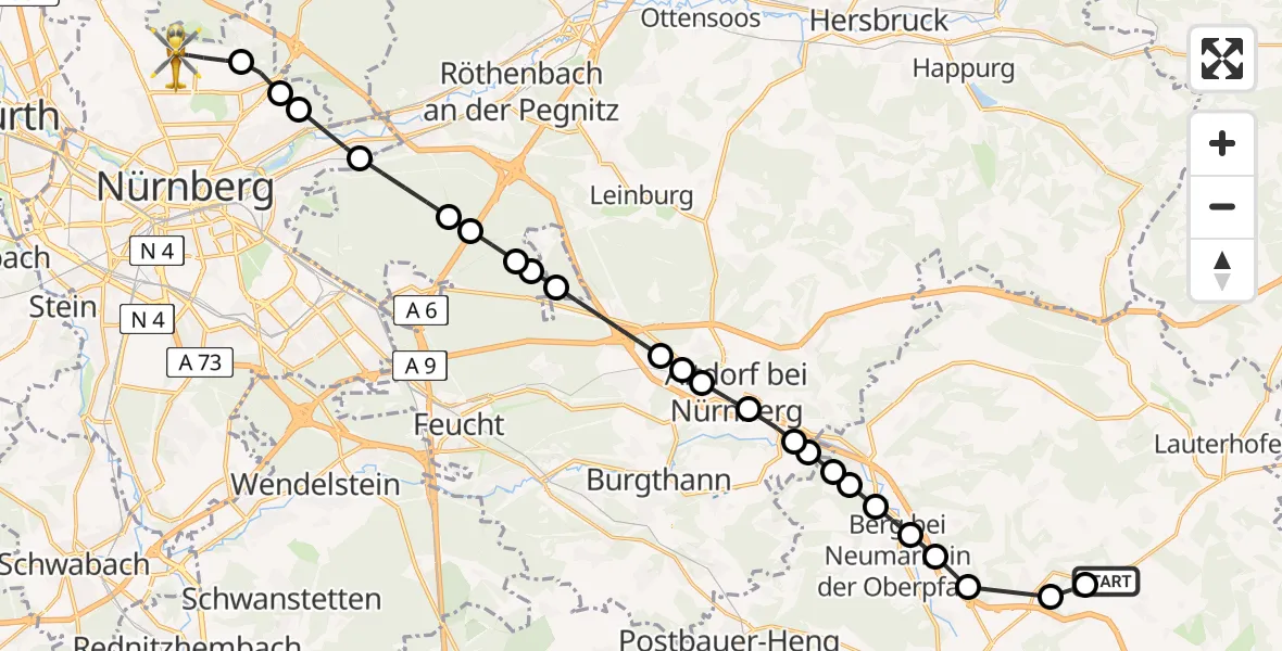 Flugroute Rettungshubschrauber Laaber - Nuremberg Airport, 20 Februar 2026, 17:08