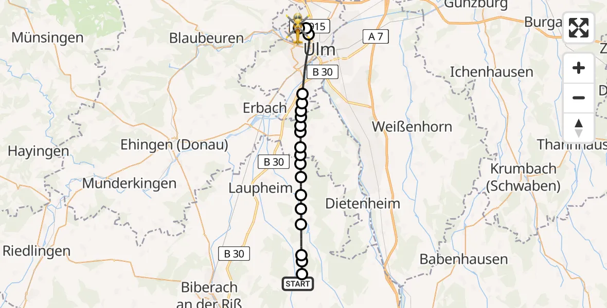 Flugroute Rettungshubschrauber Reinstetten - Ulm Military Hospital Emergency Heliport, 20 Februar 2026, 17:11