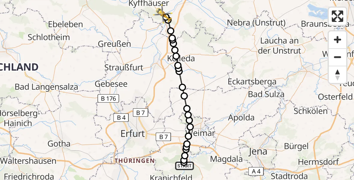 Flugroute Ambulanzhubschrauber DRF Rescue Station Bad Berka Heliport - Oldisleben, 20 Februar 2026, 17:34