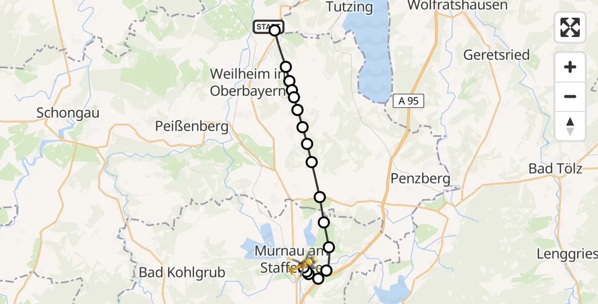 Flugroute Rettungshubschrauber Pähl - Murnau Accident Hospital Heliport, 20 Februar 2026, 17:45