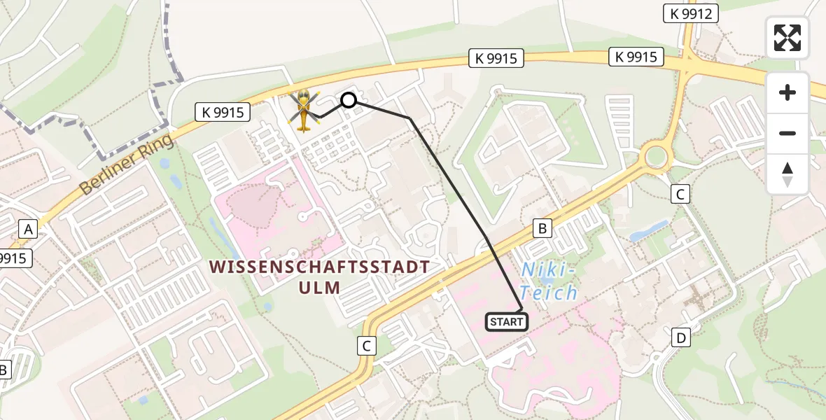 Flugroute Rettungshubschrauber Ulm Military Hospital Emergency Heliport - ADAC Air Rescue Station Ulm (Christoph 22), 20 Februar 2026, 17:52