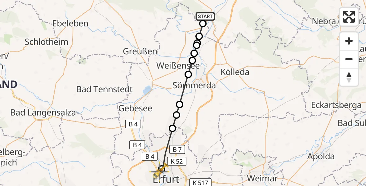 Flugroute Ambulanzhubschrauber Oldisleben - Helios Clinic Erfurt Heliport, 20 Februar 2026, 18:16
