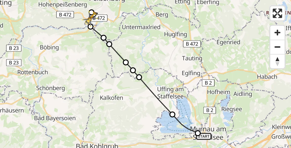 Flugroute Ambulanzhubschrauber Murnau am Staffelsee - Peißenberg, 20 Februar 2026, 18:45