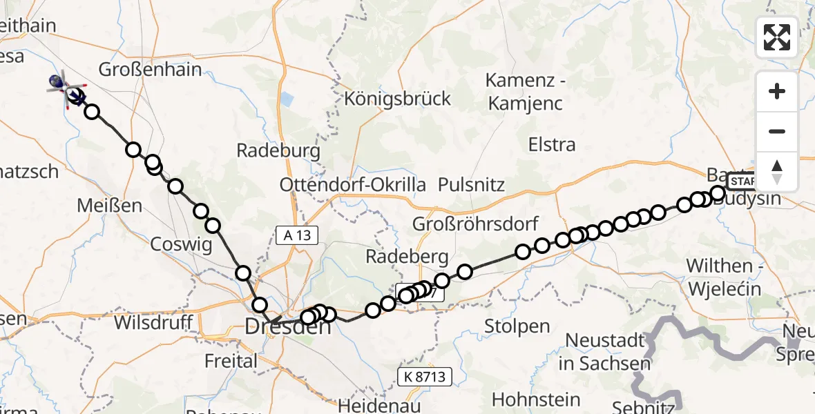 Flugroute Polizeihubschrauber Bautzen - Merschwitz, 20 Februar 2026, 19:27