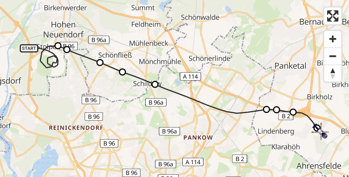 Flugroute Polizeihubschrauber Stolpe - Ahrensfelde Heliport, 20 Februar 2026, 20:56