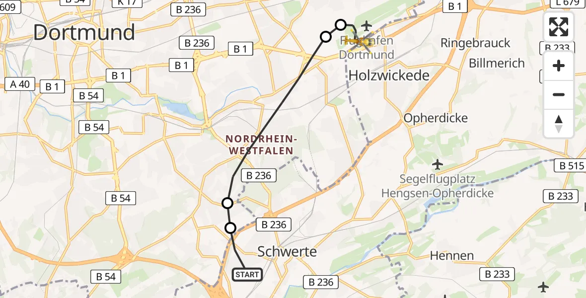 Flugroute Ambulanzhubschrauber Schwerte - Dortmund Airport, 20 Februar 2026, 23:36