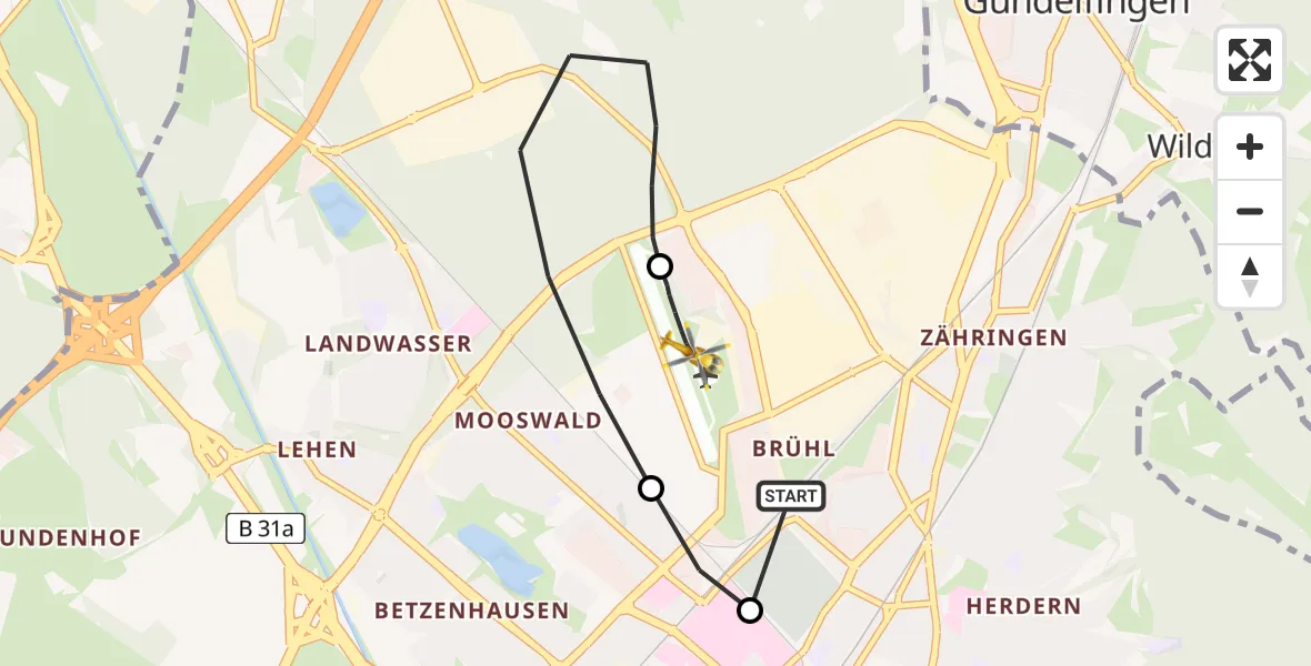 Flugroute Rettungshubschrauber Freiburg im Breisgau - Freiburg im Breisgau Airfield, 21 Februar 2026, 02:02