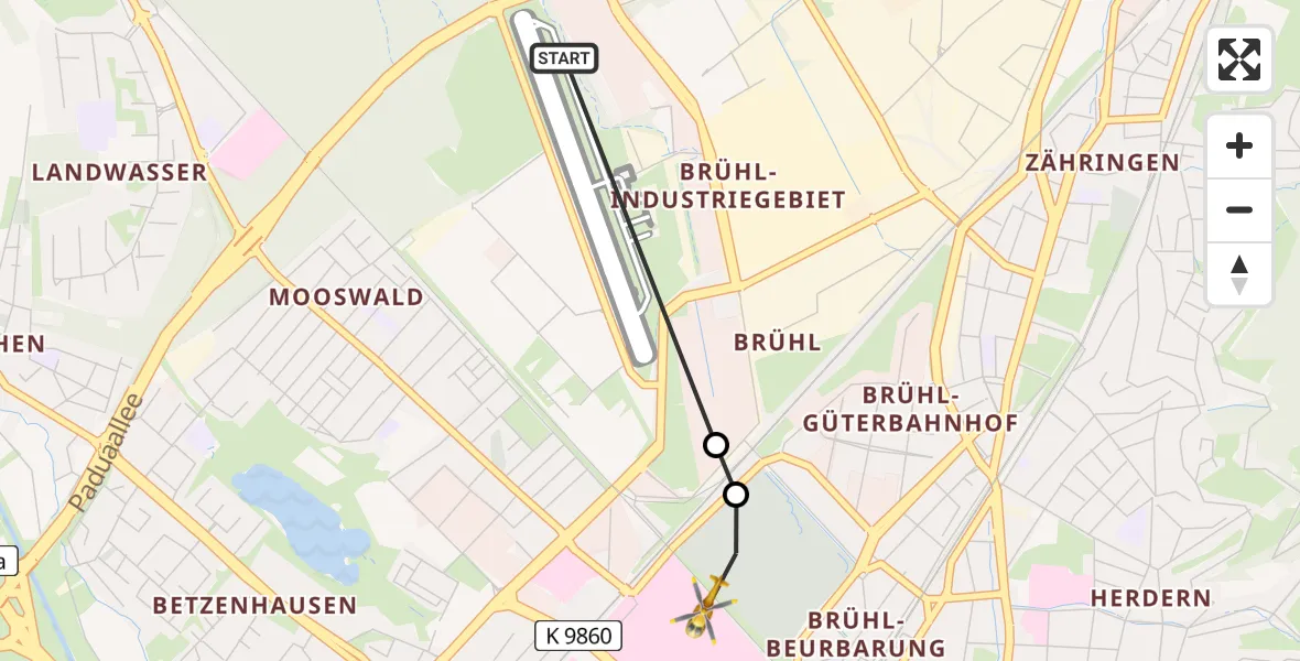 Flugroute Rettungshubschrauber Freiburg im Breisgau Airfield - Freiburg University Hospital Heliport 1, 21 Februar 2026, 02:26