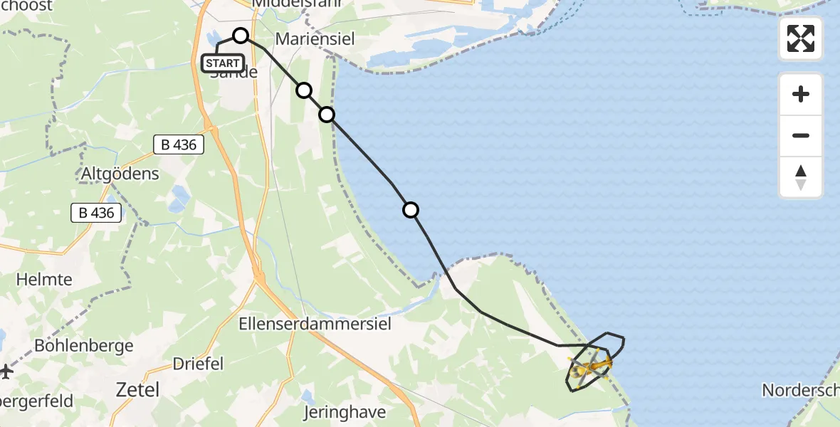 Flugroute Rettungshubschrauber Sande - Varel, 21 Februar 2026, 05:33