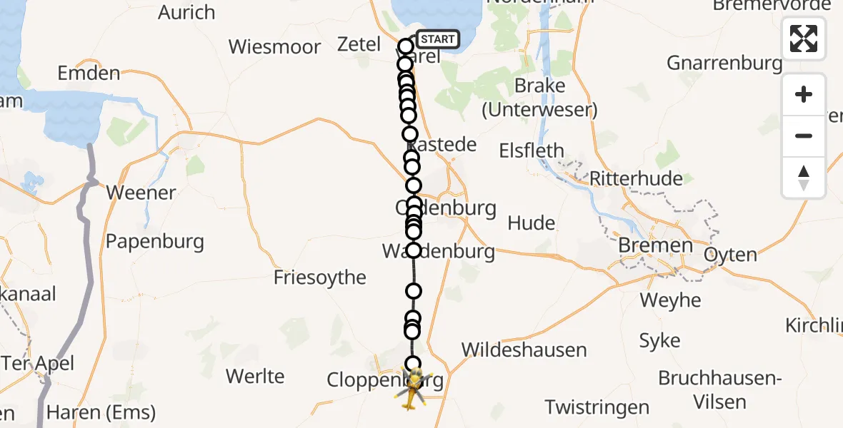 Flugroute Rettungshubschrauber Varel - Emstek, 21 Februar 2026, 05:44