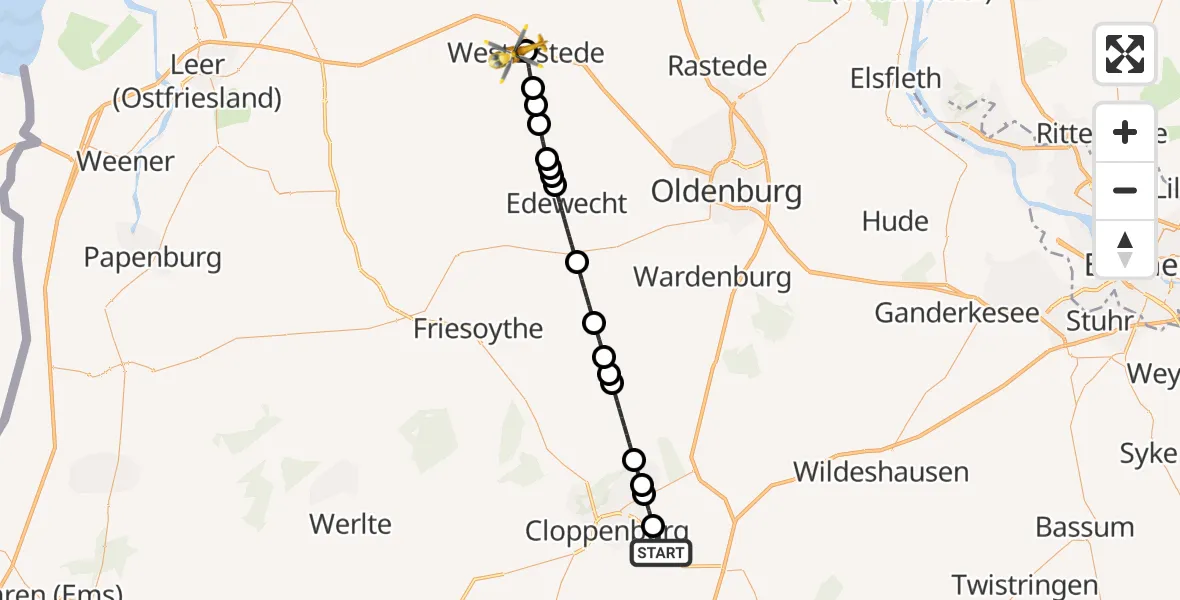 Flugroute Rettungshubschrauber Emstek - Westerstede, 21 Februar 2026, 06:41