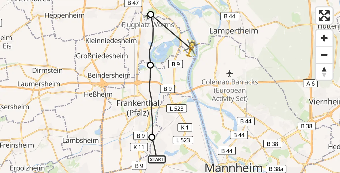 Flugroute Rettungshubschrauber Ludwigshafen am Rhein - Bobenheim-Roxheim, 21 Februar 2026, 07:00