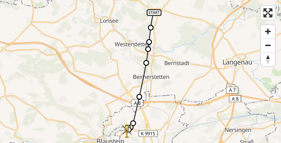 Flugroute Rettungshubschrauber Weidenstetten - ADAC Air Rescue Station Ulm (Christoph 22), 21 Februar 2026, 07:10
