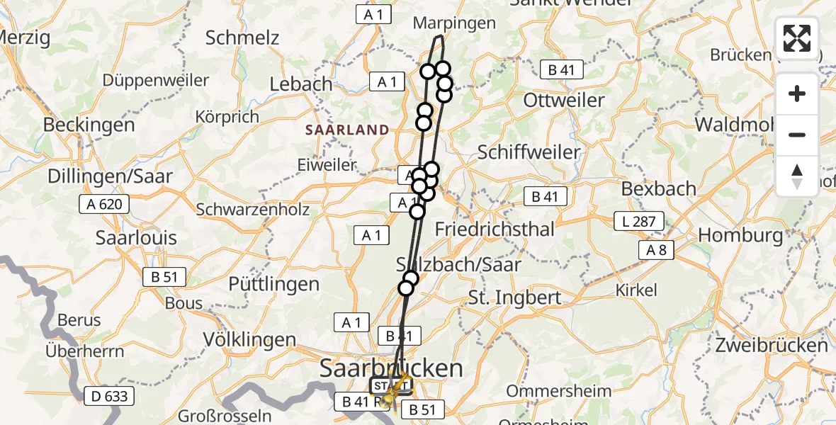 Flugroute Rettungshubschrauber Saarbrücken - Saarbrücken, 21 Februar 2026, 07:21