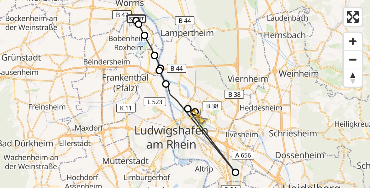 Flugroute Rettungshubschrauber Worms - Neckarstadt-Ost/Wohlgelegen, 21 Februar 2026, 07:38