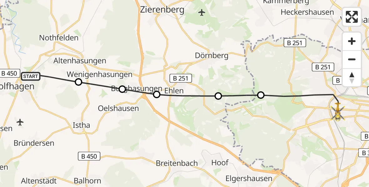 Flugroute Rettungshubschrauber Wolfhagen - Kassel, 21 Februar 2026, 08:00