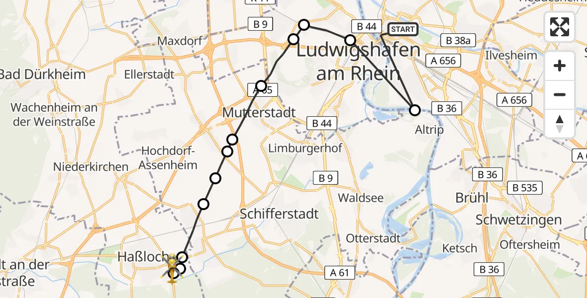 Flugroute Rettungshubschrauber Innenstadt/Jungbusch - Haßloch, 21 Februar 2026, 08:23