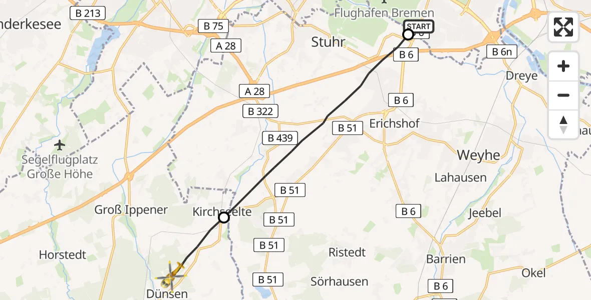 Flugroute Rettungshubschrauber Bremen-Süd - Dünsen, 21 Februar 2026, 08:23