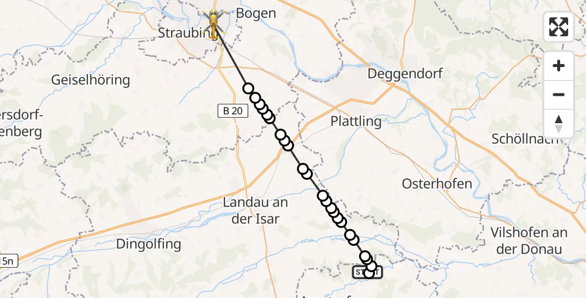 Flugroute Rettungshubschrauber Dellendorf - Straubing-Ost, 21 Februar 2026, 08:25
