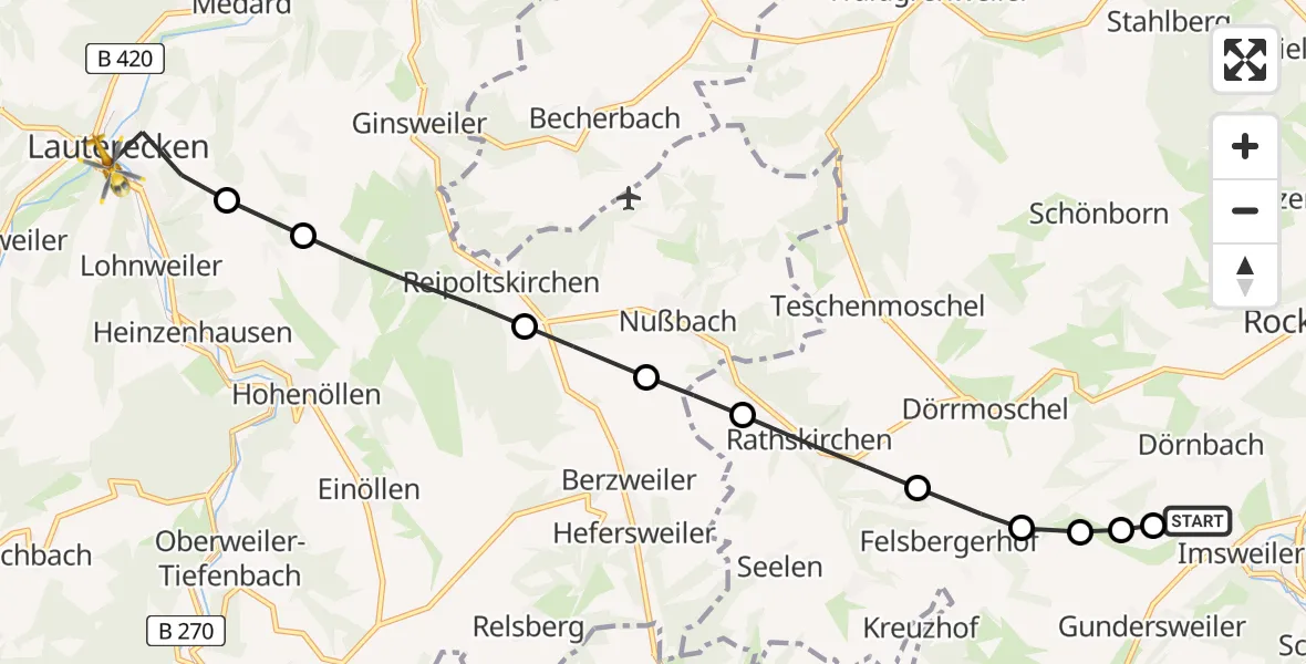 Flugroute Rettungshubschrauber Imsweiler UL - Lauterecken, 21 Februar 2026, 08:41