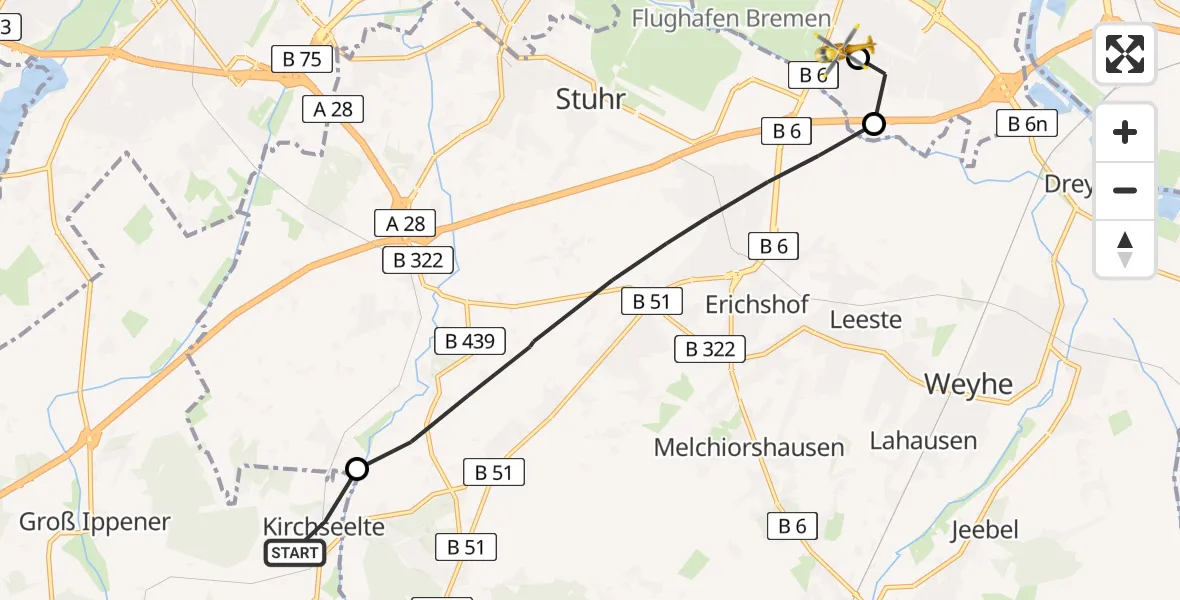 Routekaart van de vlucht: Rettungshubschrauber nach ADAC Air Rescue Station Bremen Heliport (Christoph 6)