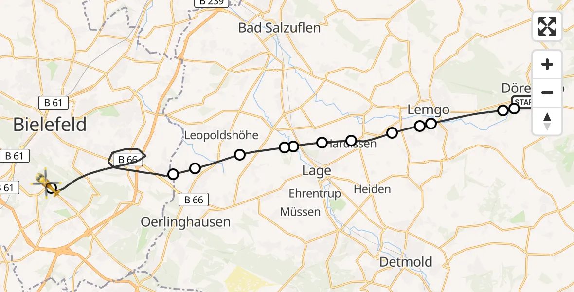 Flugroute Rettungshubschrauber Hillentrup - Luftrettungszentrum Bielefeld, 21 Februar 2026, 09:08