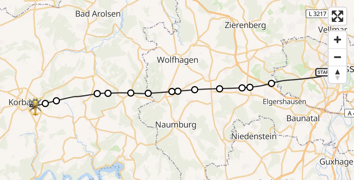 Flugroute Rettungshubschrauber Kassel - Korbach, 21 Februar 2026, 09:10