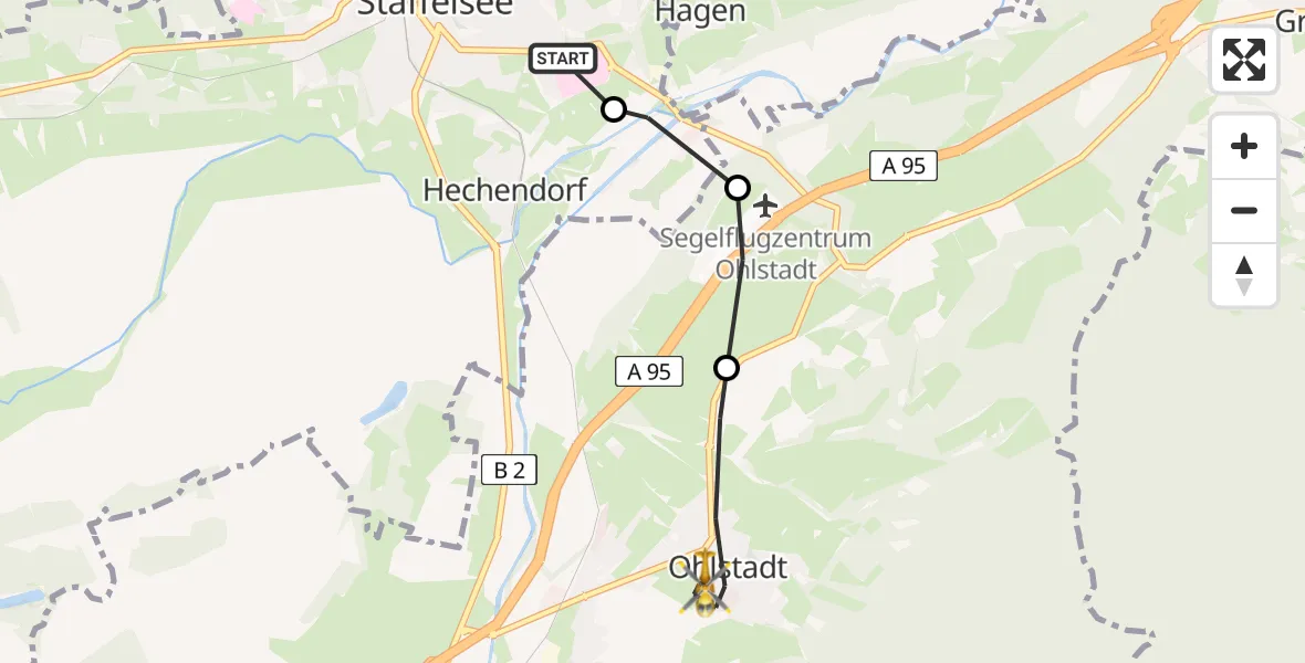 Flugroute Rettungshubschrauber Murnau Accident Hospital Heliport - Ohlstadt, 21 Februar 2026, 09:16