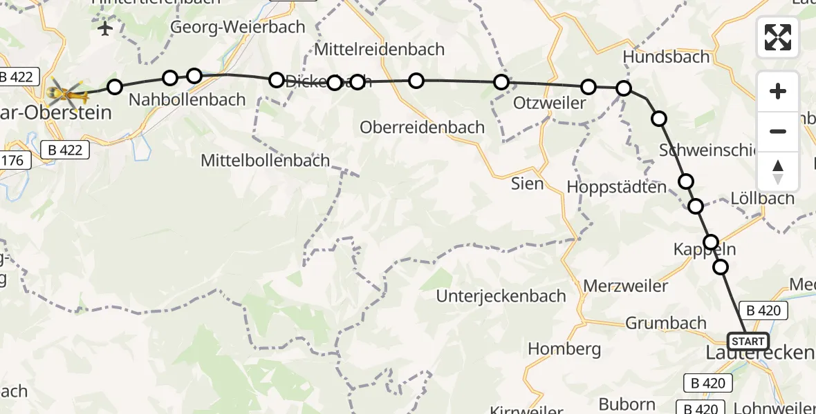 Flugroute Rettungshubschrauber Lauterecken - Idar-Oberstein, 21 Februar 2026, 09:22