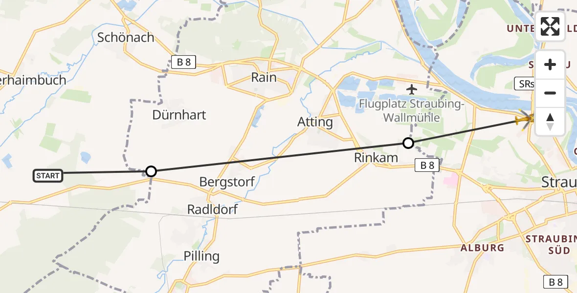 Flugroute Rettungshubschrauber Mötzing - Straubing, 21 Februar 2026, 09:23