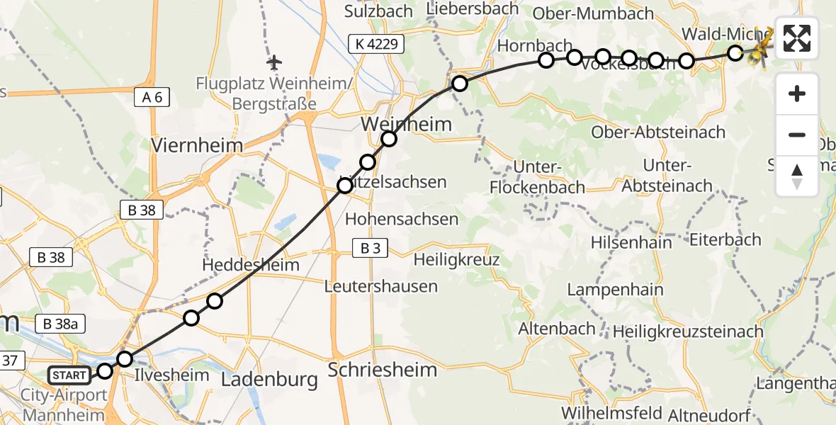 Flugroute Rettungshubschrauber Mannheim-City Airport - Wald-Michelbach, 21 Februar 2026, 09:42