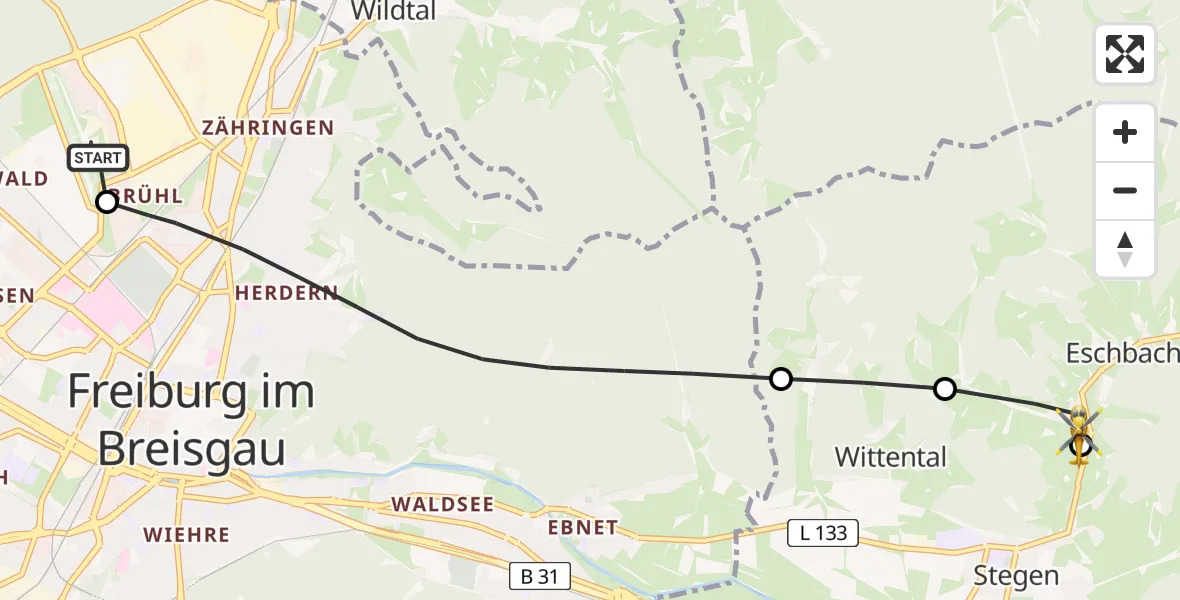 Flugroute Rettungshubschrauber Freiburg im Breisgau Airfield - Eschbach, 21 Februar 2026, 09:42