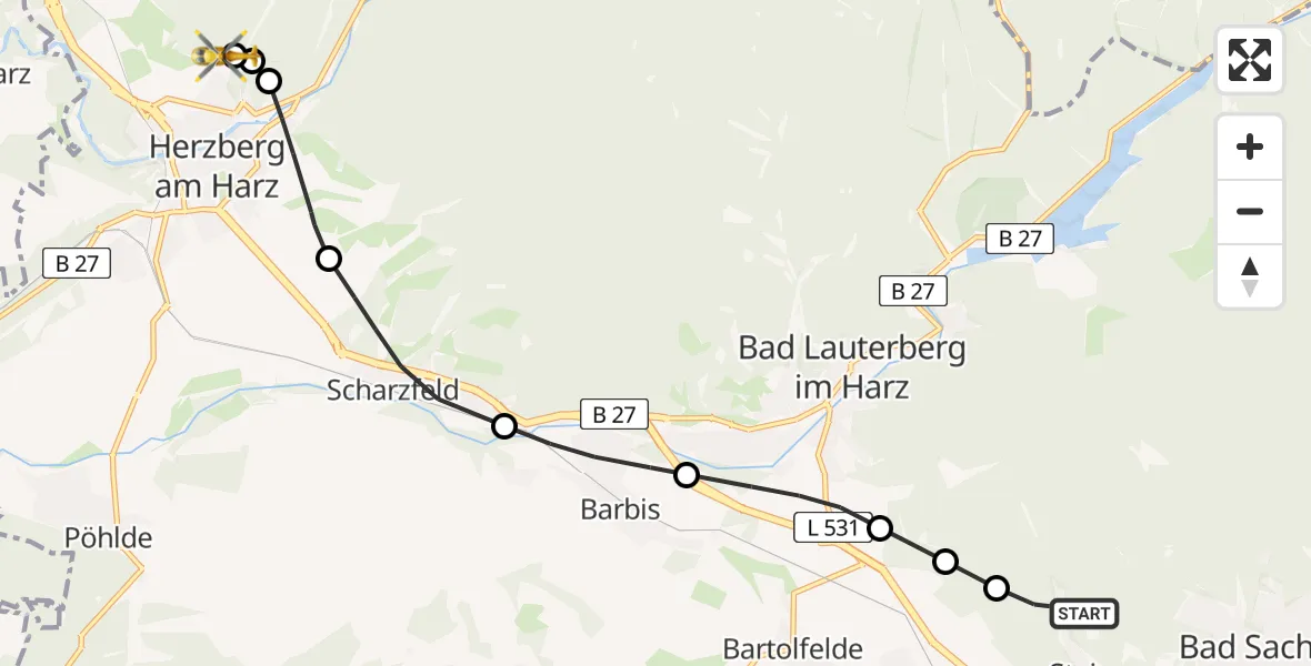 Flugroute Rettungshubschrauber Steina - Herzberg am Harz, 21 Februar 2026, 09:52