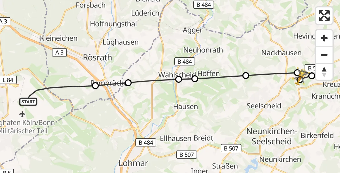 Flugroute Rettungshubschrauber Cologne Bonn Airport - Much, 21 Februar 2026, 09:55
