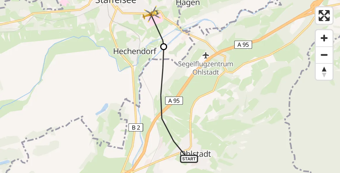 Flugroute Rettungshubschrauber Ohlstadt - Murnau Accident Hospital Heliport, 21 Februar 2026, 09:56