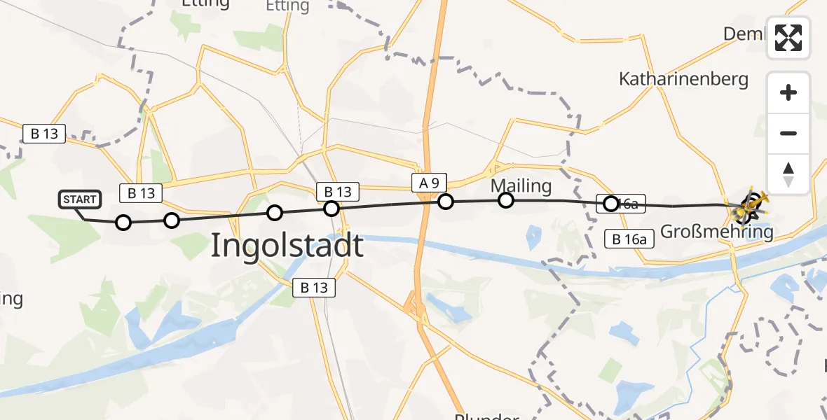 Flugroute Rettungshubschrauber Ingolstadt Hospital Heliport - Großmehring, 21 Februar 2026, 10:15