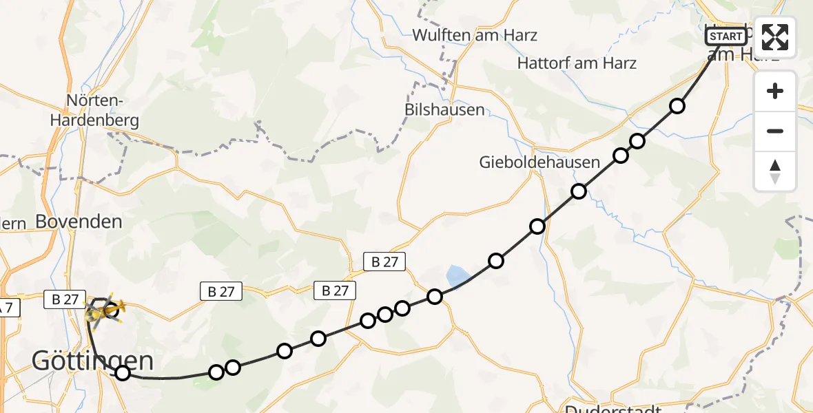 Flugroute Rettungshubschrauber Herzberg am Harz - Göttingen University Clinic Heliport, 21 Februar 2026, 10:25